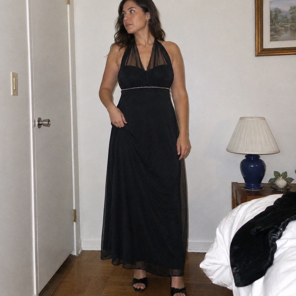 Vintage Y2K Betsy Adam Dress Women 14 Black Halter Rhinestone Prom Bling 2000s